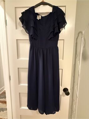 karin stevens Navy Ruffle Sleeve Midi Dress
